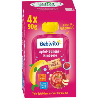 Bebivita Børnesjov Æble-Banan-Hindbær Med Kiks 4X90g